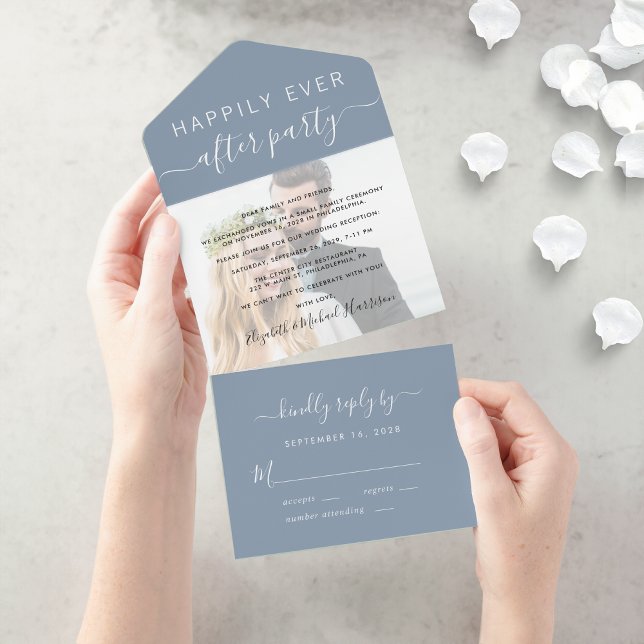 Invitation Tout En Un Chic Script Photo Dusty Blue Wedding Réception (An elegant Happily Ever After Party Invitation to set the tone for an unforgettable event)