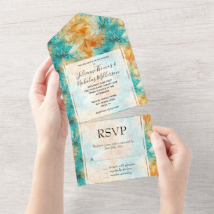 Invitation Tout En Un Chic Turquoise Orange Flowers Mariage