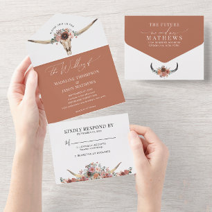 Invitation Tout En Un Chic Western Bohemian Floral Vache Mariage crâne