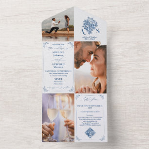 Invitation Tout En Un Chinoiserie Bouquet Blue 3 Photo QR Code Mariage