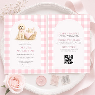 Invitation Tout en Un Chiots à Carreaux Roses Baby Shower