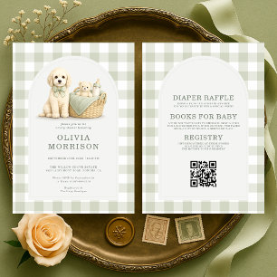 Invitation Tout en Un Chiots Vert Sauge Baby Shower