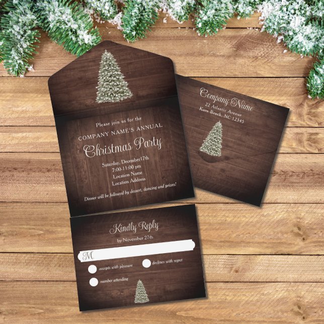 Invitation Tout En Un Christmas Tree Rustic Wood Company Fête de Noël (Créateur téléchargé)