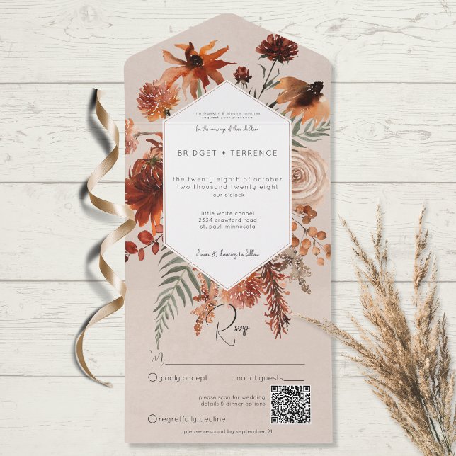 Invitation Tout En Un Chute Boho Rust & Pêche Cadre Floral Beige QR Code (Créateur téléchargé)