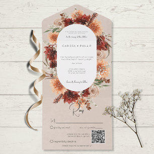 Invitation Tout En Un Chute Boho Rust & Pêche Floral Oval Beige QR Code