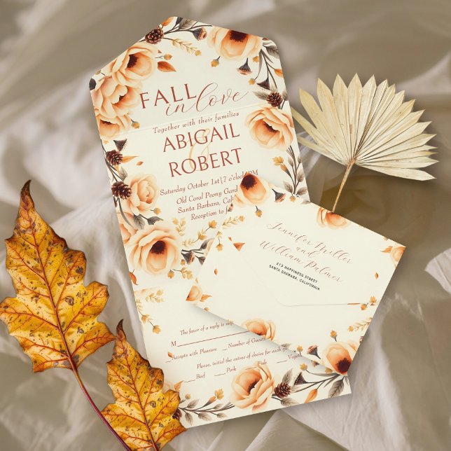 Invitation Tout En Un Chute d'amour pêche floral frontière mariage de cô (Créateur téléchargé)