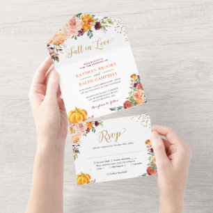 Invitation Tout En Un Chute en Amour Citrouille Botanique Floral Mariage