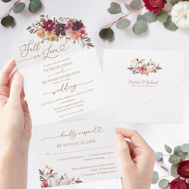 Invitation Tout En Un Chute en amour Mariage Citrouille Bourgogne (Créateur téléchargé)