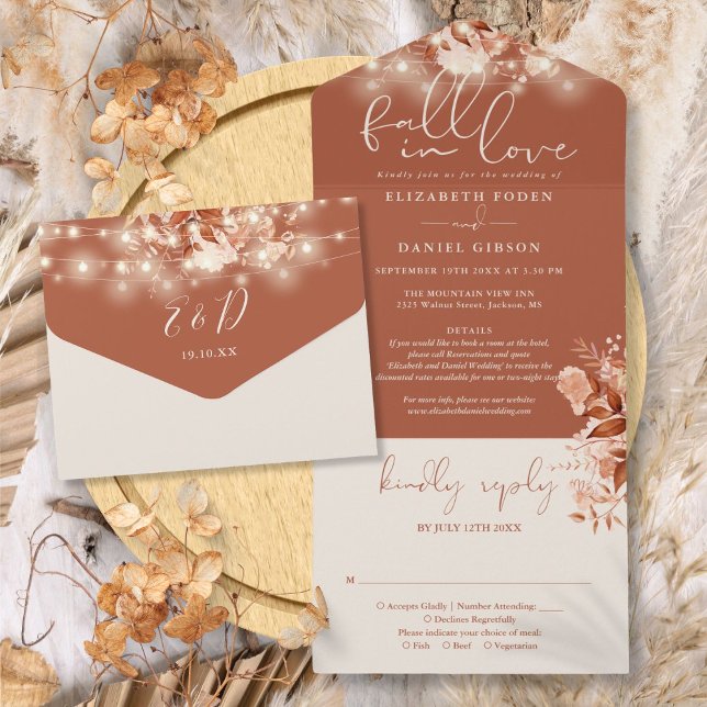 Invitation Tout En Un Chute En Amour Rustique Floral Mariage (Fall In Love Rustic Floral String Lights Wedding All In One Invitation)