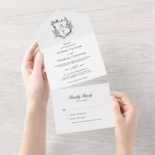 Invitation Tout En Un Cimier officiel Mariage de Monogramme noir et blan