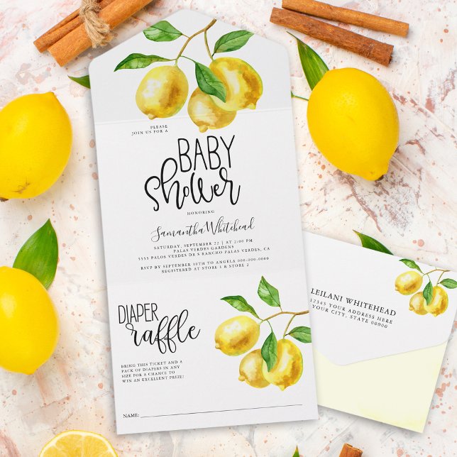 Invitation Tout En Un Citron goutte d'eau couche Baby shower de raffe (Lemon citrus watercolor baby shower all in one invitation includes a tear away diaper raffle.)