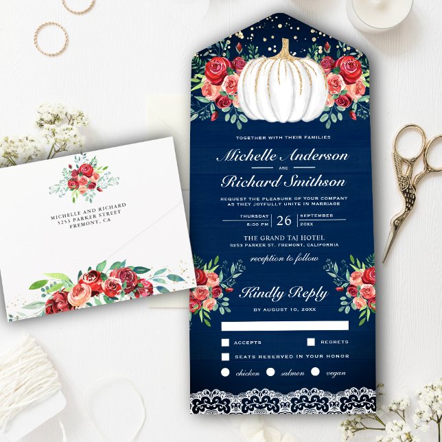 Invitation Tout En Un Citrouille blanc Bourgogne Floral Navy Mariage ble (Créateur téléchargé)