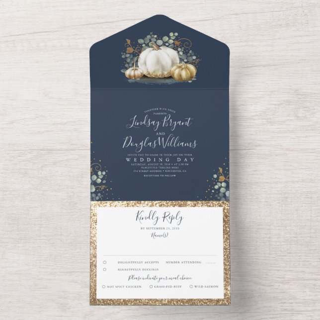 Invitation Tout En Un Citrouille d'or Eucalyptus Automne Marine Mariage  (À l'intérieur)