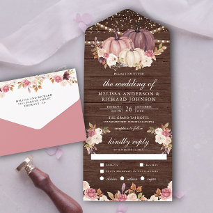 Invitation Tout En Un Citrouille rose Dusty  ivoire Mariage en bois fleu