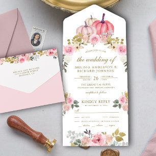 Invitation Tout En Un Citrouille rose et or rustique Mariage floral