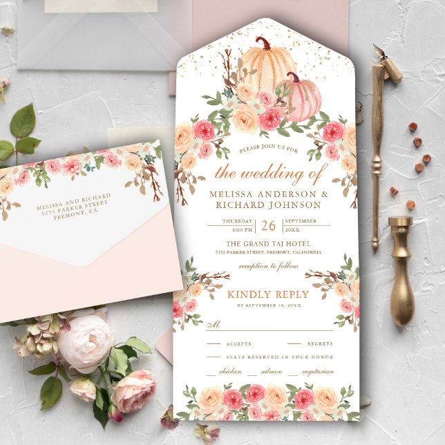 Invitation Tout En Un Citrouille rose rustique et Pêche Mariage floral (Créateur téléchargé)