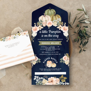 Invitation Tout En Un Citrouille Sage Green Pêche Baby shower Floral Mar