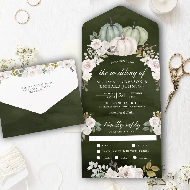 Invitation Tout En Un Citrouille vert foncé et Mariage floral blanc (Créateur téléchargé)