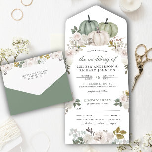 Invitation Tout En Un Citrouille vert Sage et Mariage floral blanc