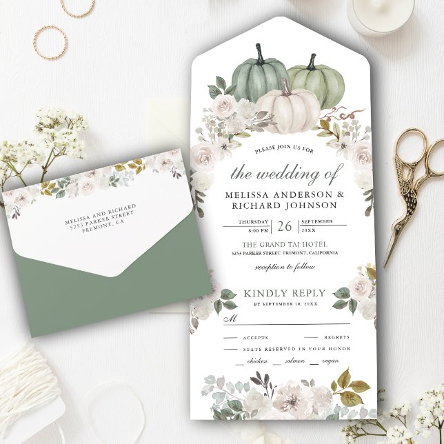 Invitation Tout En Un Citrouille vert Sage et Mariage floral blanc (Créateur téléchargé)