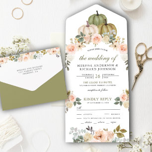 Invitation Tout En Un Citrouille Vert Sauge et Mariage Floral Pêche Étei