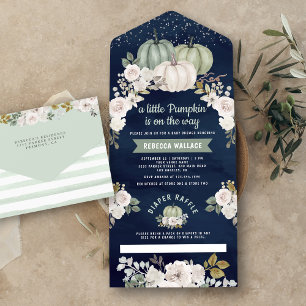 Invitation Tout En Un Citrouille Vert Sauge Fleurs Blanches Marine Baby