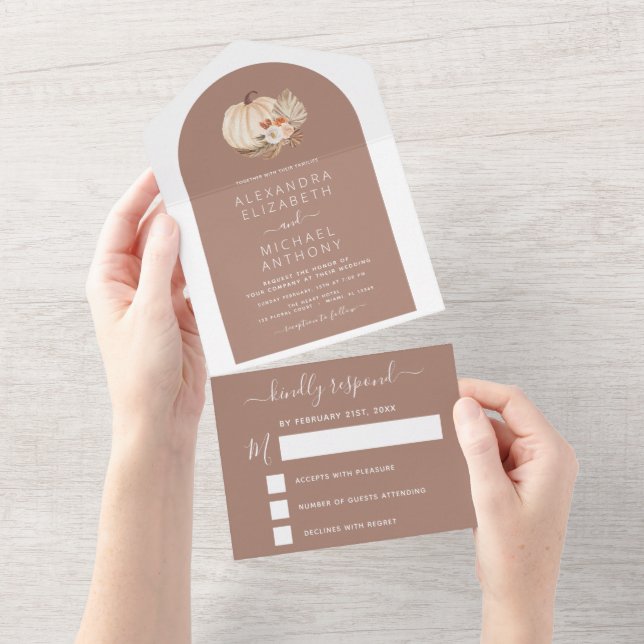 Invitation Tout En Un Citrouilles Blanches de Mariage Bohème Terracotta (Déchirure)