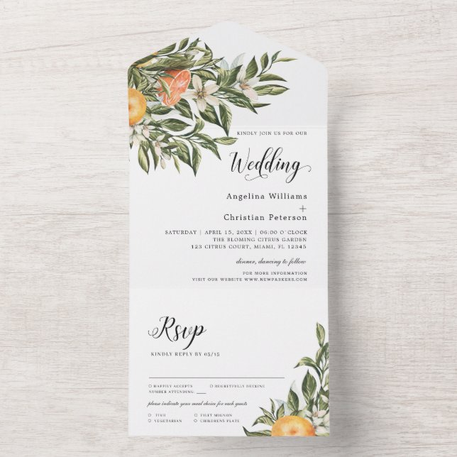 Invitation Tout En Un Citrus en fleurs de mandarine | Mariage verdoyant (À l'intérieur)