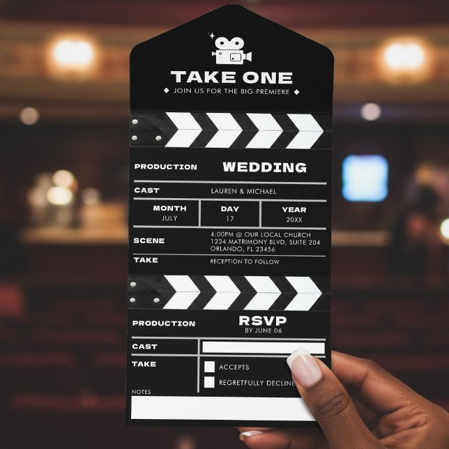 Invitation Tout En Un Clapet de Cinéma Mariage (Movie Film Clapboard Wedding All In One Invitation
)