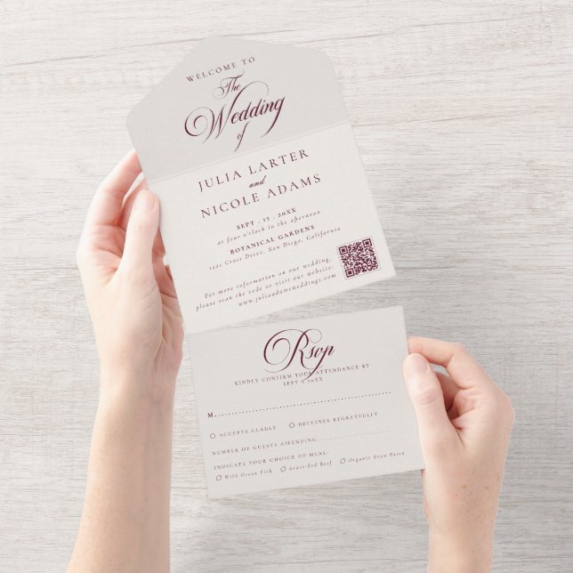 Invitation Tout En Un Classique Ivory Bourgogne Calligraphie QRCode Mari (Déchirure)