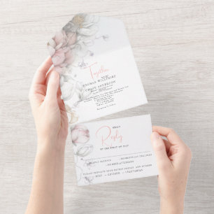Invitation Tout En Un Classique Moderne Fleurs d'Ivoire et Rose