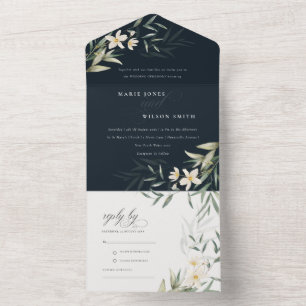 Invitation Tout En Un Classy Dark Navy White Green Mariage Floral
