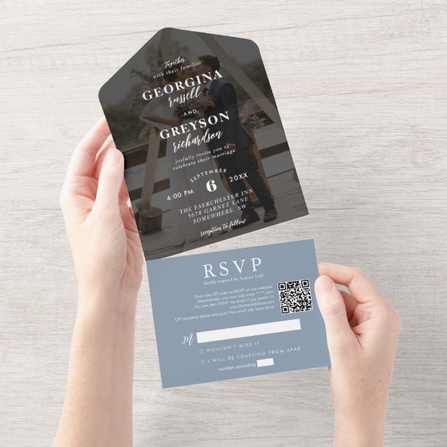 Invitation Tout En Un Classy Dusty Blue RSVP Photo QR Code Mariage (Déchirure)
