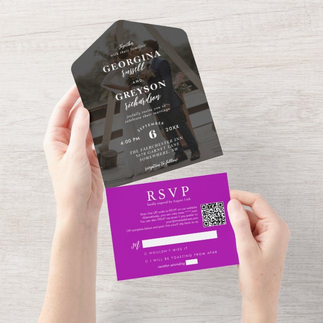 Invitation Tout En Un Classy Magenta RSVP Photo QR Code Mariage (Déchirure)