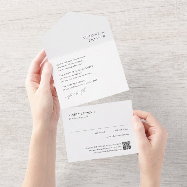 Invitation Tout En Un Clean Black and White QR Code Modern Wedding (Déchirure)