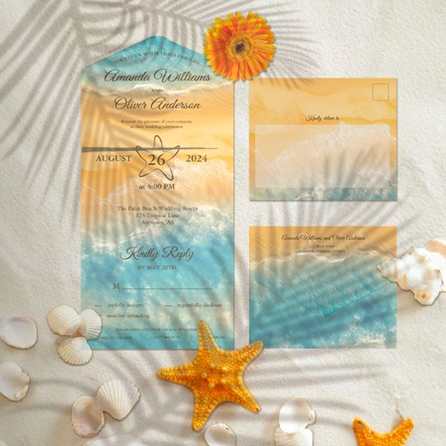 Invitation Tout En Un Coastal Chic Golden Sand Turquoise Mariage d'eau (Créateur téléchargé)