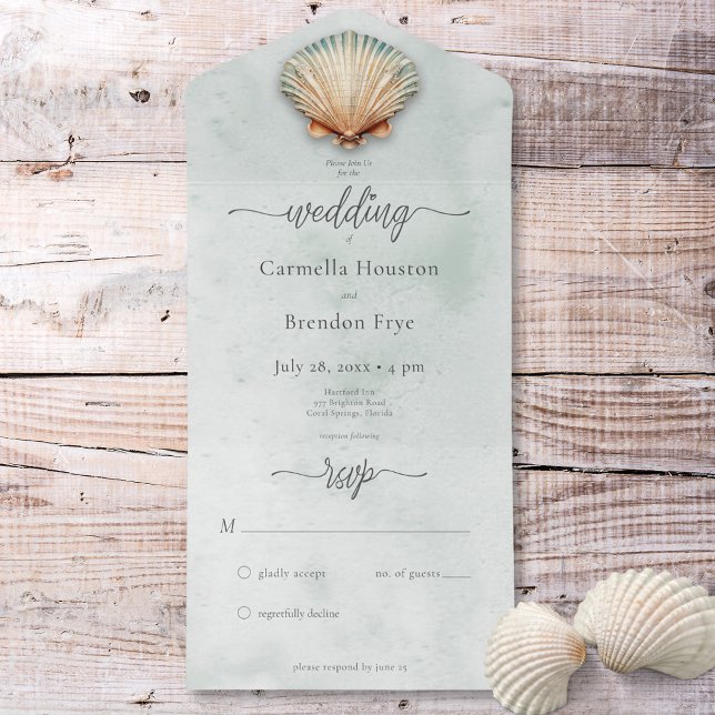 Invitation Tout En Un Coastère moderne Coquillage Aqua Aquarelle Pas de  (Modern Coastal Seashell Aqua Watercolor No Dinner All In One Invitation)