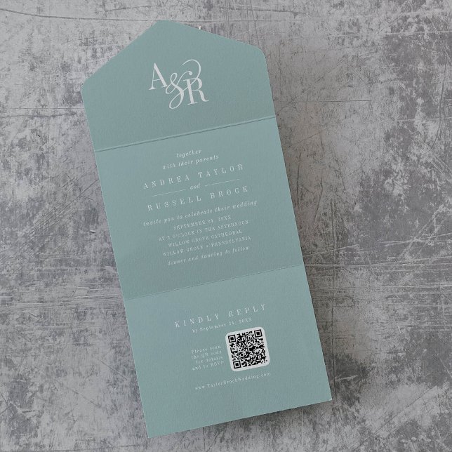 Invitation Tout En Un Code QR ANDREA Bleu Canard Simple Mariage Minimali (ANDREA QR Code Teal Blue Simple Minimal Wedding All In One Invitation)