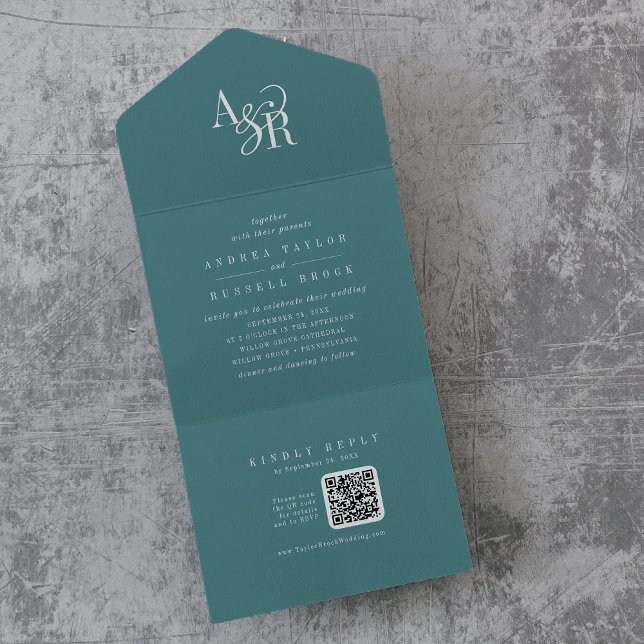 Invitation Tout En Un Code QR ANDREA Dark Teal Simple Minimal Mariage (ANDREA QR Code Dark Teal Simple Minimal Wedding All In One Invitation)