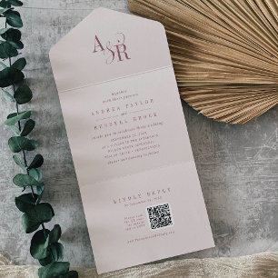 Invitation Tout En Un Code QR ANDREA Mariage Bordeaux Rose Simple