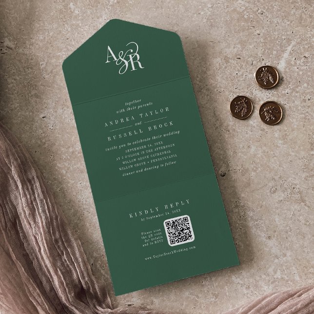 Invitation Tout En Un Code QR ANDREA Mariage Simple Minimal Vert Foncé (ANDREA QR Code Dark Green Simple Minimal Wedding All In One Invitation)
