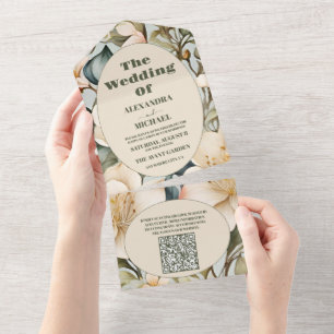 Invitation Tout En Un Code QR Aquarelle Lily Blanc Mariage Art Nouveau