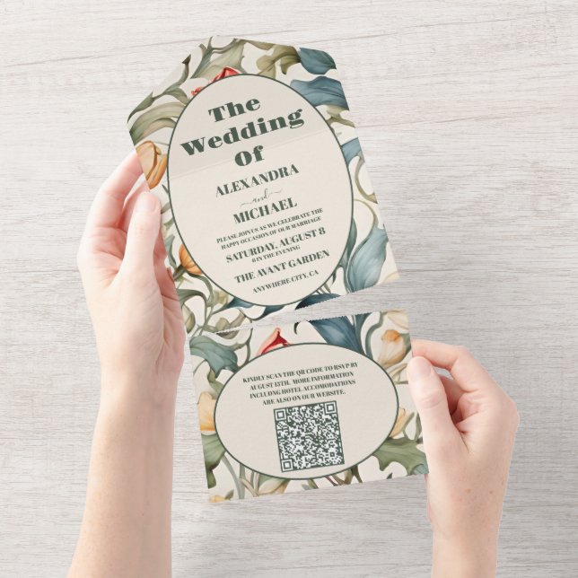 Invitation Tout En Un Code QR Aquarelle Tulipes Mariage William Morris (Déchirure)