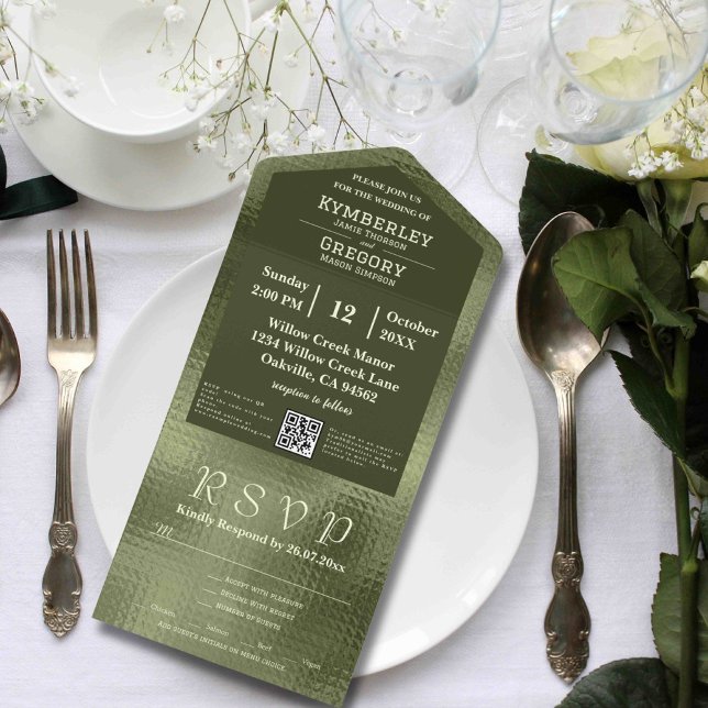 Invitation Tout En Un Code QR Arrière - plan Olive Sage Green Shimmer (Créateur téléchargé)