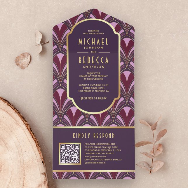 Invitation Tout En Un Code QR Art Déco Mariage Violet Or Aubergine (Créateur téléchargé)