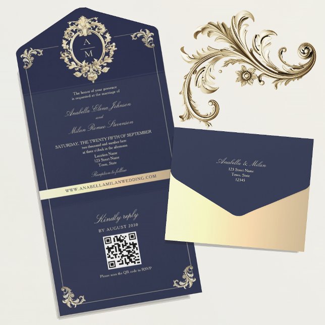Invitation Tout En Un Code QR Baroque Bleu Nuit Or Mariage (Créateur téléchargé)