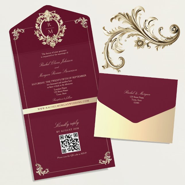 Invitation Tout En Un Code QR Baroque Bourgogne Or Mariage (Créateur téléchargé)