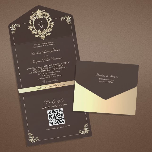 Invitation Tout En Un Code QR Baroque Chocolat Marron Mariage (Créateur téléchargé)