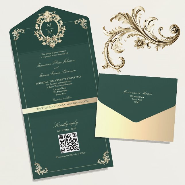 Invitation Tout En Un Code QR Baroque Or Émeraude Vert Mariage (Créateur téléchargé)