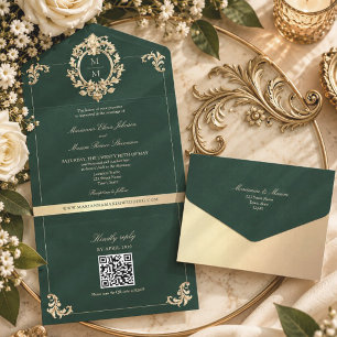 Invitation Tout En Un Code QR Baroque Or Émeraude Vert Mariage